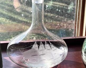 Wine decanter with etched sailing ship w/6 glasses