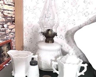 Milk glass lantern, cream & sugar, salt shakers