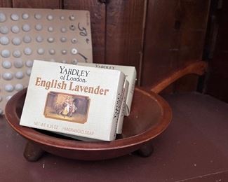 4 -Yardley of London English Lavender soap and wooden bowl w/feet and handle