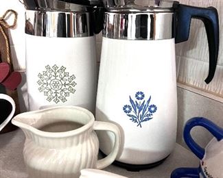Corning Ware Avocado Medallion & Blue Corn Flower Elec. Percolator