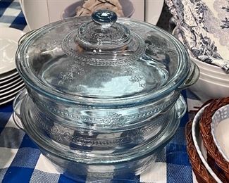 Vtg. Fire King Sapphire Blue casserole bowls w/lids