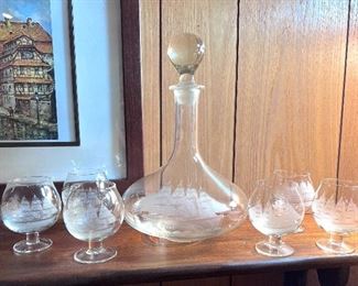Wine decanter with etched sailing ship w/6 glasses