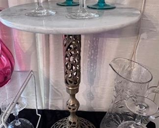 1 of 2 Vtg. Brass and marble top pedestal tables