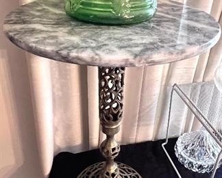 1 of 2 Vtg. Brass and marble top pedestal tables