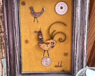 Rooster and hen hand made from clock parts