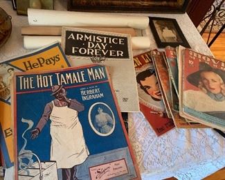 stacks of early sheet music from the Turn of the Last Century plus we have stacks of 1940 magazines