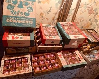tons of early Shiny Brite  pink Christmas ornaments