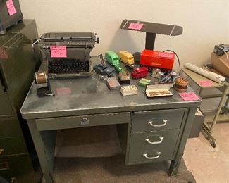 Cool Metal desk, antique type writer