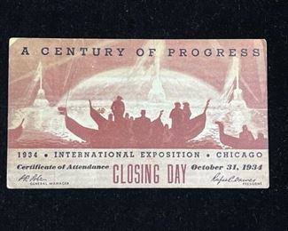 015 1934 Century of Progress Closing Day Certificate
