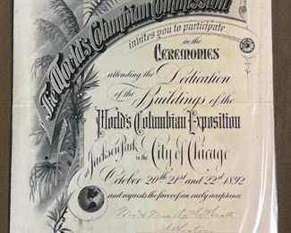 050 1892 Colombian Expo Dedication Ceremonies Invitation