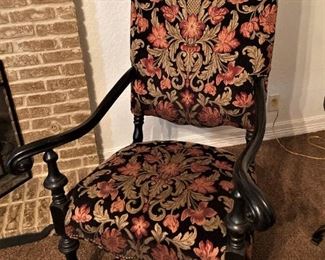 One of two matching wood and fabric armchairs . . . perfect as host dining chairs or fireside chairs