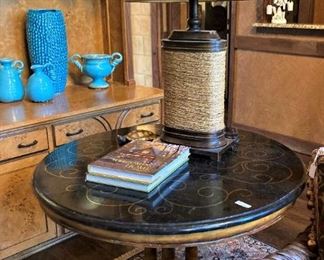 Lovely round side table; textured lamp
