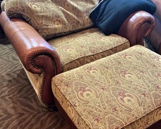 Leather and fabric chair and ottoman