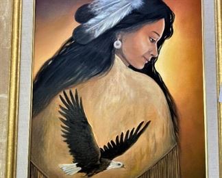 Original oil on canvas - "Indian Girl and Eagle" by Heinz Stoecker (24 inches x 30 inches)