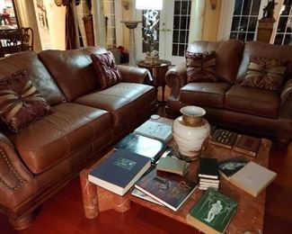 Ashley sofa and loveseat, marble coffee table 44" square