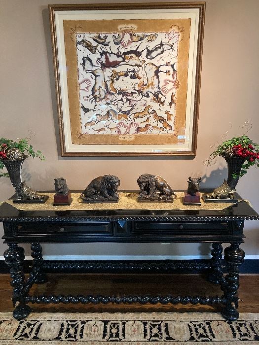 Framed Hermès scarf, Pr. Bronze Maitland Smith cornucopia vases, Chelsea House bronze bull  &bear bookends, Pr. Bronze lions, Portuguese style console table