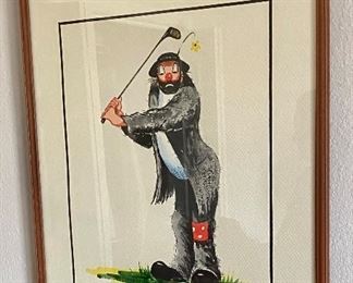 Artist Signed, Nancy Kirk Golfing Clown Watercolor Art.