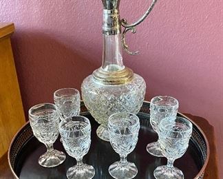 Nice vintage glass and silver Decanter & Cordial set with tray.