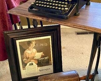 #12 Remington Typewriter with original table, and footrest. Table leg will need repair, but have part.