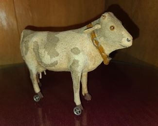 Handmade Cow Toy W/ Handcarved Hooves On Wheels