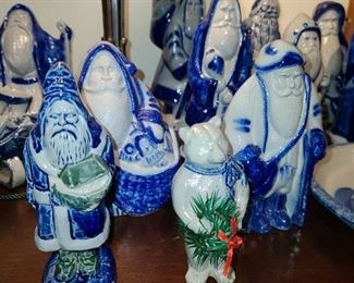 Handmade Blue & White Pottery Santa Figurines