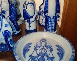 Handmade Blue & White Pottery Santa Figurines