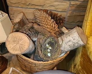Basket W/ Birch Wood, Pinecones, & More