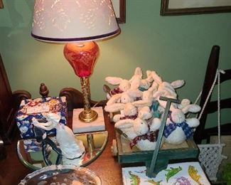 Red Glass Lamp & Bunnies