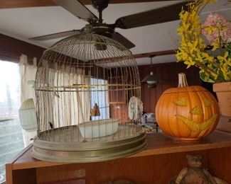 Antique Bird Cage W/ Vintage Light-Up Ceramic Pumpkin