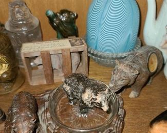 Hand Carved Bears Including Ashtrays & A Thermometer & RARE Blue & White Glass Fairy Lamp