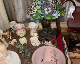 Stained Glass Lamp & Tin Baby Dishes