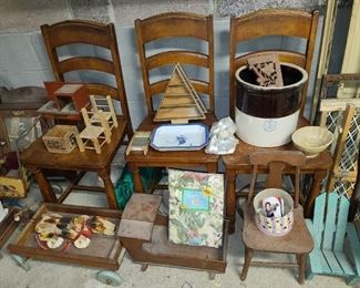 Wooden Chairs & Antique Crockware