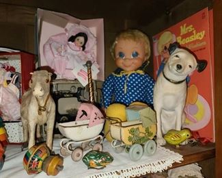 Madame Alexander Doll, Mrs.Beasley Doll, & RCA Nipper Chalkware Statue