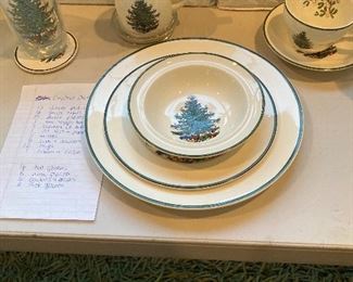 Cuthbertson Christmas China. 12 place settings. Total of 64 pieces. Set of 32 glasses.