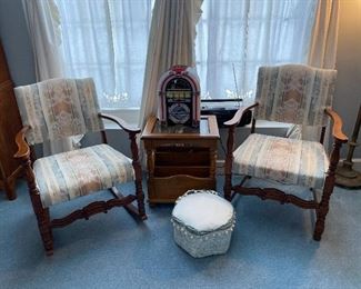 Matching Upholstered Chair & Rocker, Glass Top Wooden Side Table with Storage