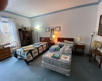 Antique Twin Beds with Mattress Sets, Beautiful Antique Cabinet with Curved Glass, Linens, Antique Imperial Furniture Co. Side Tables, Wooden Sailboat Models