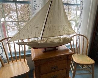 Wooden Sailboat Model, Two Drawer Side Table, Pair of Dining Chairs