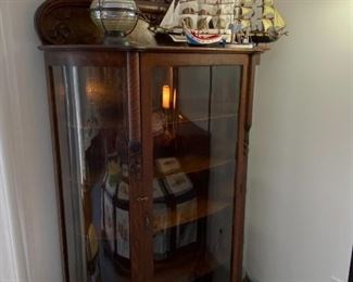 Antique Display Cabinet with Curved Glass, Antique Nautical Lamp, Tall Ship Models