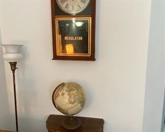Antique Regulator Wall Clock by Sessions Clock Company, Vintage Globe, Half Round Console Table with Inlaid Wood Accent