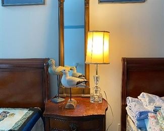 Wooden Bird Décor, Two Drawer Antique Mahogany Side Table by Imperial Furniture Co., Glass Accent Lamp, Tall Accent Mirror