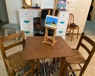 Children's Table and Chairs, Vintage Painted Desk, Doll Sized Full Length Mirror, Quilted Fish Tapestry