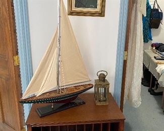 Wooden Sailboat Model, Vintage Record Album Storage Cabinet, Nautical Lantern