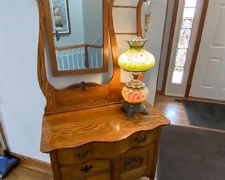 Antique Wash Stand Dry Sink Cabinet with Mirror and Towel Bars, Antique Hand Painted Lamp