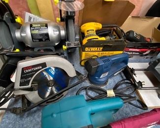 Bench Grinder, Craftsman Circular Saw, Makita Sander, Dewalt Palm Sander, DrillMaster Angle Grinder