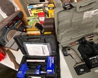 Porter Cable Cordless Drill/Flashlight, Pneumatic Nailer, Craftsman Bench Sander, Various Sand Papers