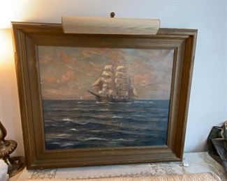 Antique Lighted Original Oil Painting by Angel Espoy, Early 1900s.