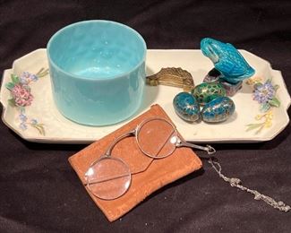 009 Blue Glass Bowl, Folding Spectacles, Small Goose figurine decor eggs on top of a tray