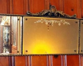 Antique Gesso Wood Framed Triple Panel Buffet/ Mantel Mirror, 16.5" x 47"
