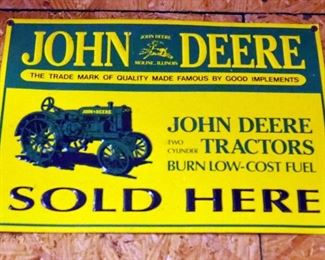 Miller Genuine Draft Metal Beer Sign, 18" x 24", Battery Operated Clock, 20" x 20", CAT Battery Operated Clock, And John Deer Tin Signs, Qty 2