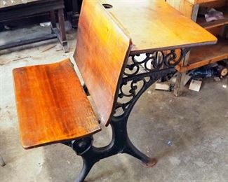 Antique North Manchester Industries Cast Iron And Wood School Desk With Folding Seat, 32" x 24" x 34"